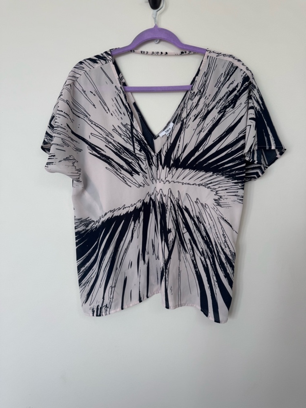 Bar III Light Pink and Black Abstract V-Neck Flutter Sleeve Top